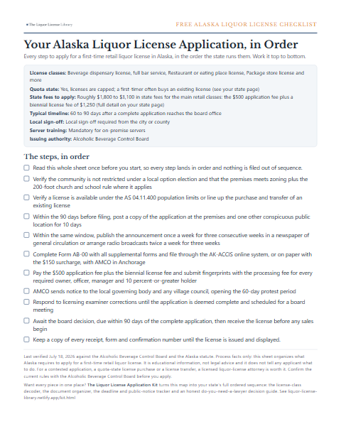 The free Alaska liquor license application checklist, one page