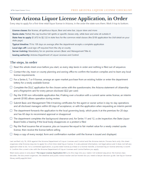 The free Arizona liquor license application checklist, one page