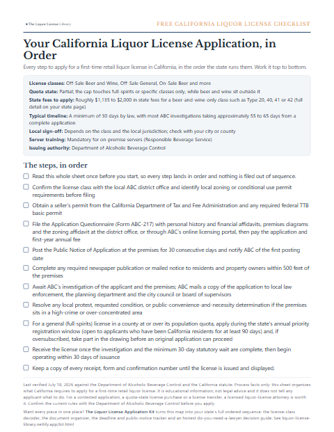 The free California liquor license application checklist, one page