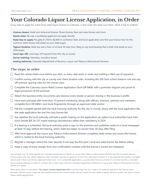 The free Colorado liquor license application checklist, one page