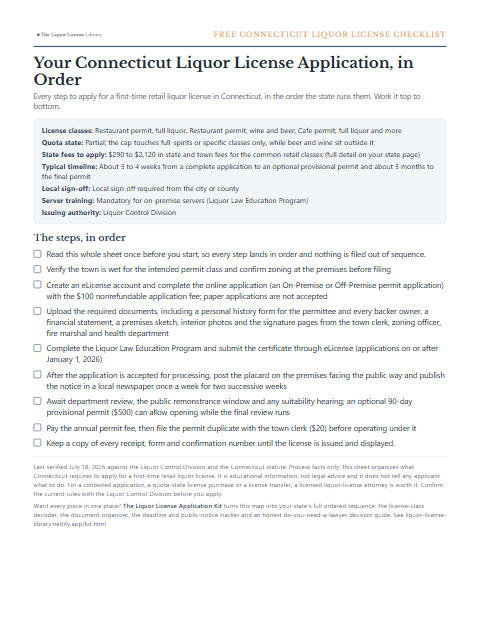 The free Connecticut liquor license application checklist, one page