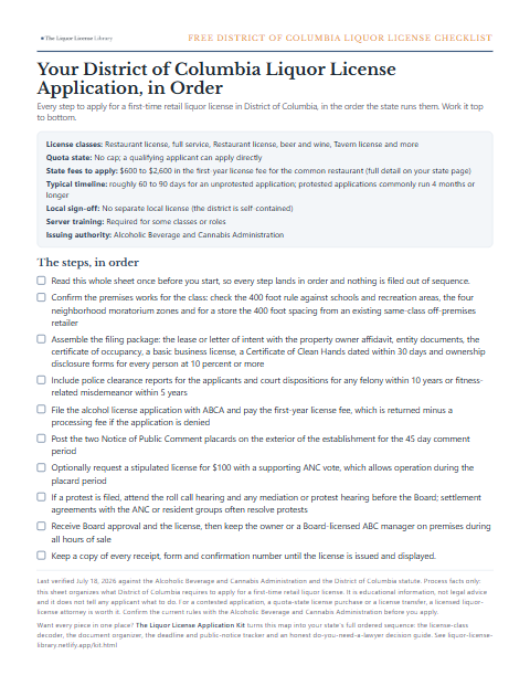 The free District of Columbia liquor license application checklist, one page