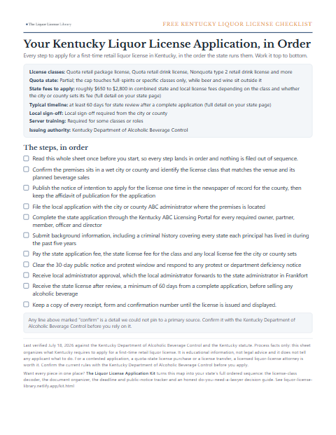 The free Kentucky liquor license application checklist, one page