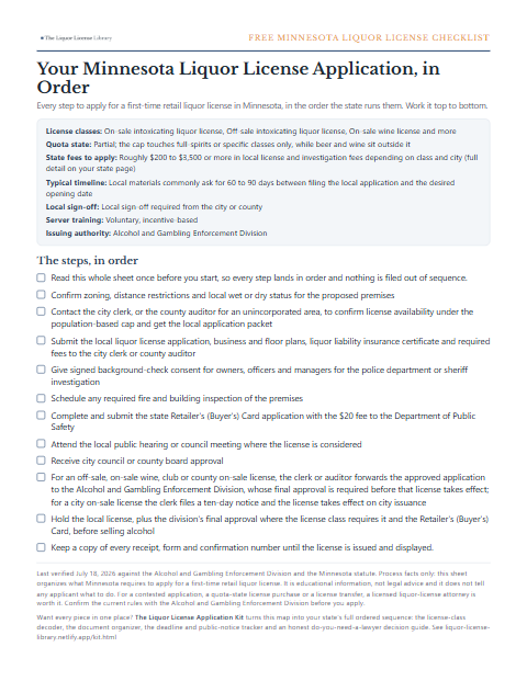 The free Minnesota liquor license application checklist, one page