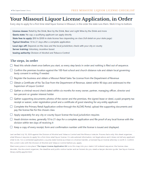 The free Missouri liquor license application checklist, one page