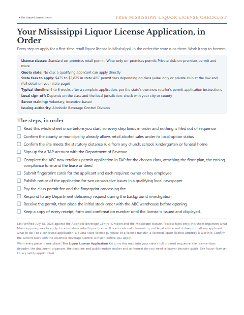 The free Mississippi liquor license application checklist, one page