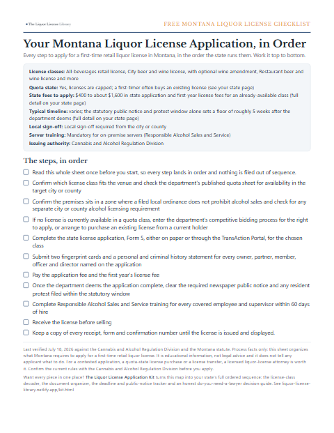 The free Montana liquor license application checklist, one page