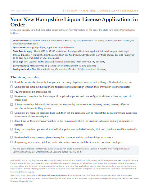 The free New Hampshire liquor license application checklist, one page