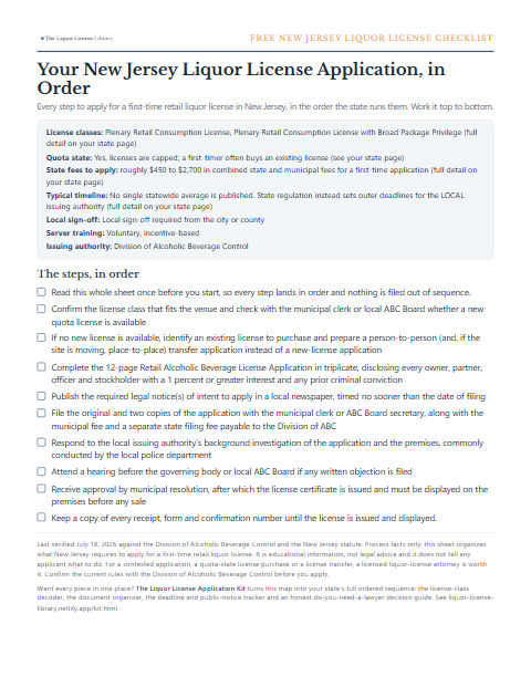 The free New Jersey liquor license application checklist, one page