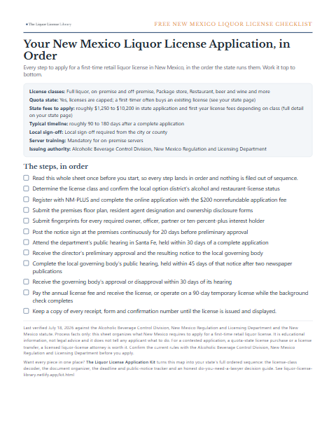 The free New Mexico liquor license application checklist, one page