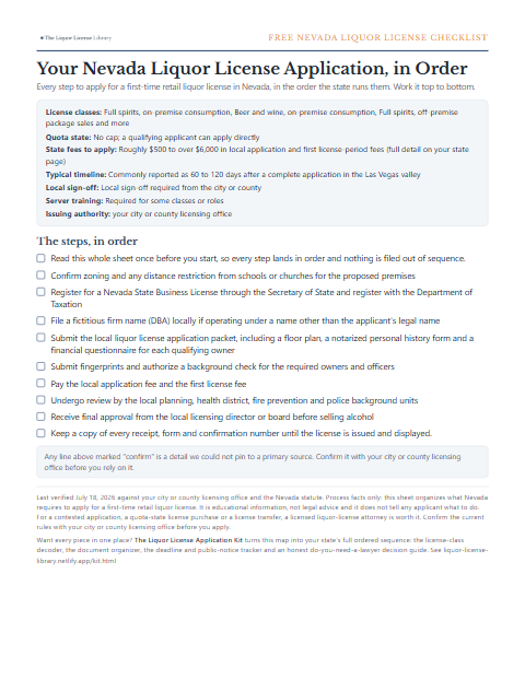 The free Nevada liquor license application checklist, one page
