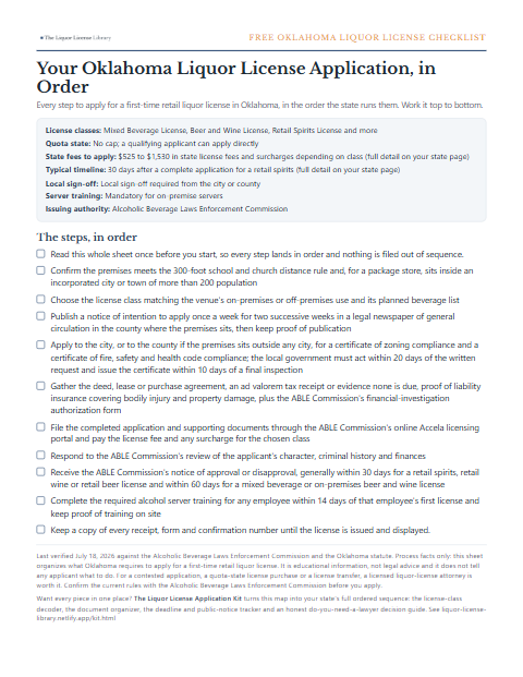 The free Oklahoma liquor license application checklist, one page
