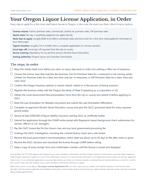 The free Oregon liquor license application checklist, one page