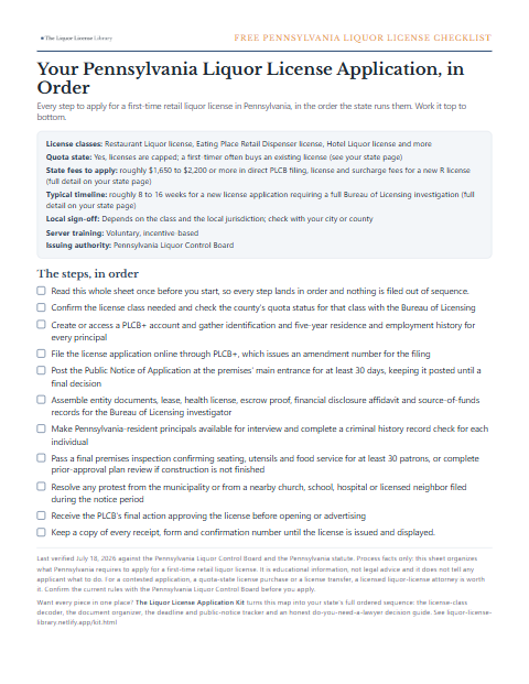 The free Pennsylvania liquor license application checklist, one page