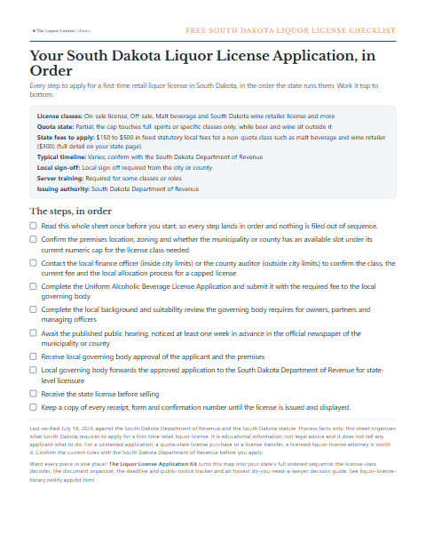 The free South Dakota liquor license application checklist, one page