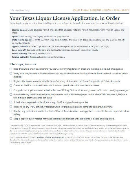 The free Texas liquor license application checklist, one page