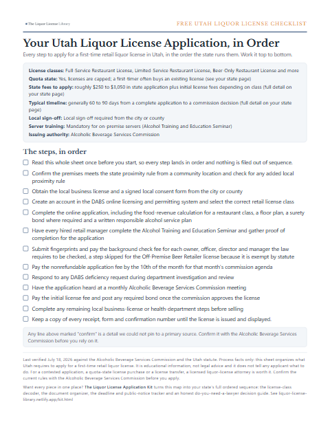 The free Utah liquor license application checklist, one page