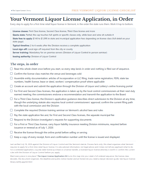 The free Vermont liquor license application checklist, one page