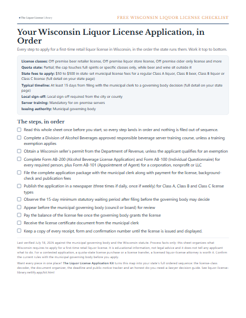 The free Wisconsin liquor license application checklist, one page