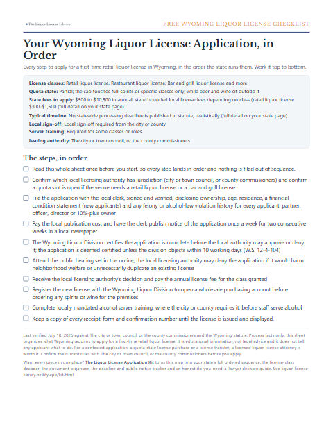 The free Wyoming liquor license application checklist, one page