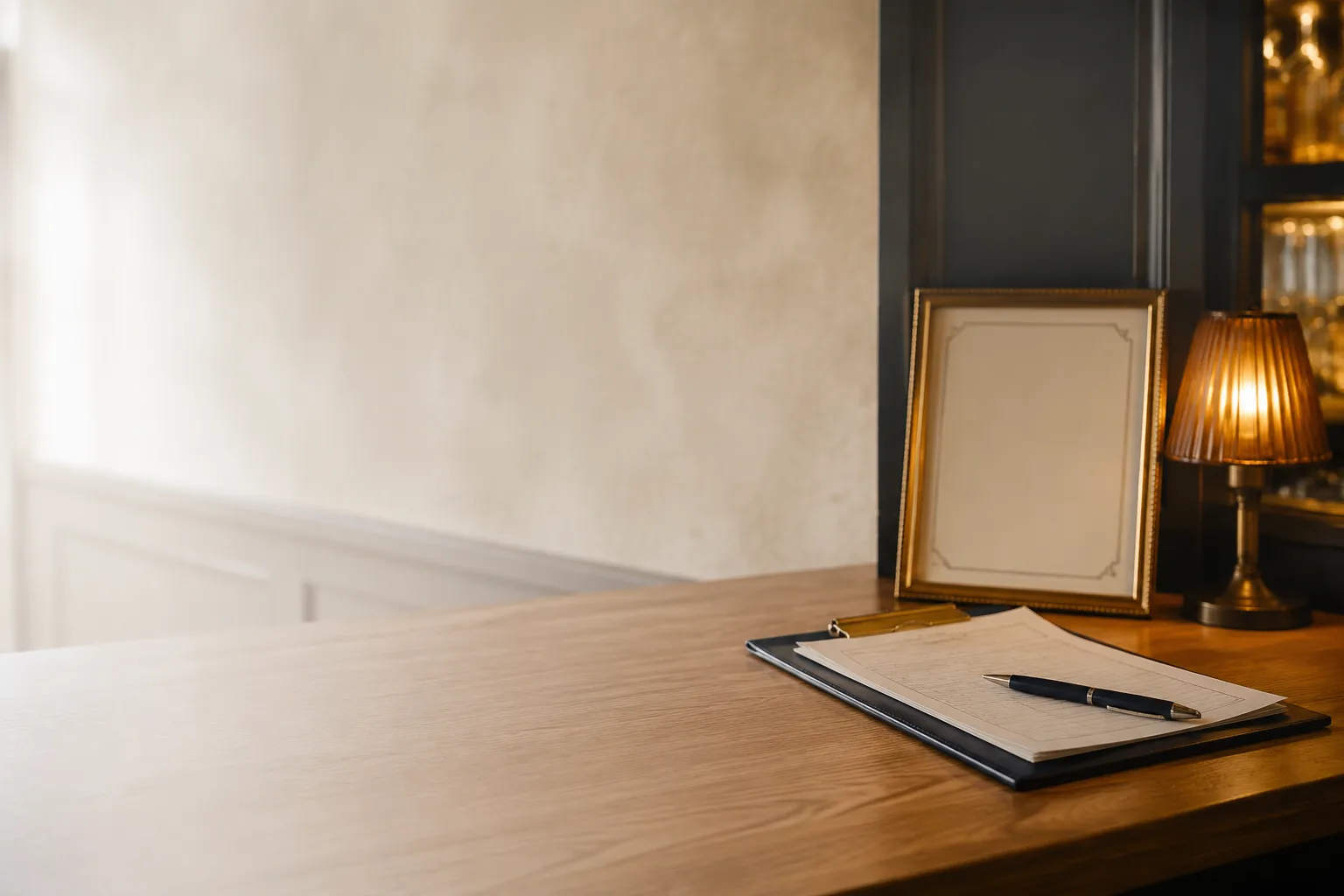 A warm bar counter in soft evening light with a clipboard of folded application papers, a blank framed certificate leaning against the wall behind it and a low amber counter lamp