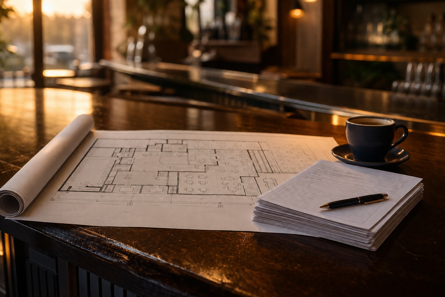 A bar counter in warm evening light with a venue floor plan, a stack of application forms and a pen resting beside a coffee cup