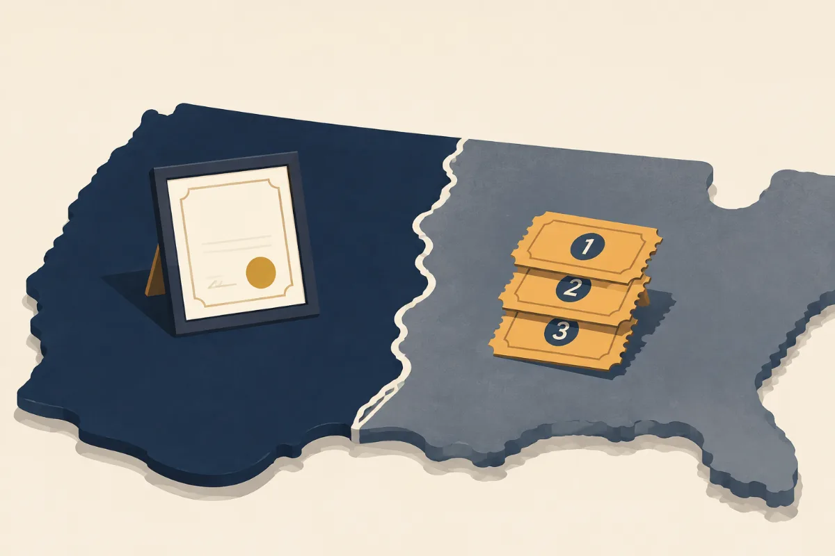Two adjoining states either side of a soft dividing line, a framed certificate on one side and a short stack of numbered tickets on the other