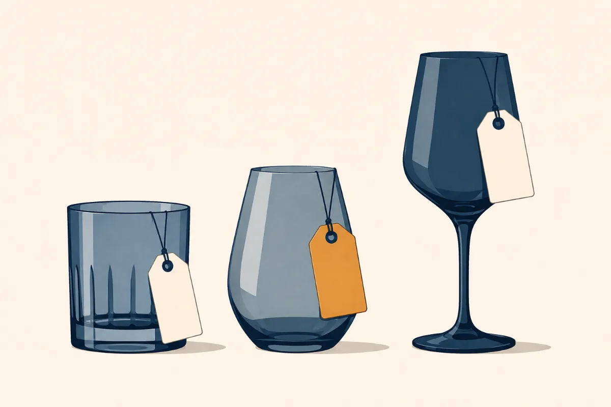Three drinking glasses of different shapes standing in a row, each with a small blank swing tag