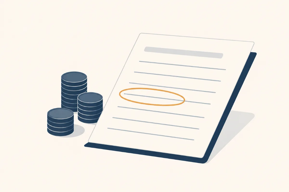 A fee sheet with blank rule lines, a small stack of coins beside it and one line on the sheet circled