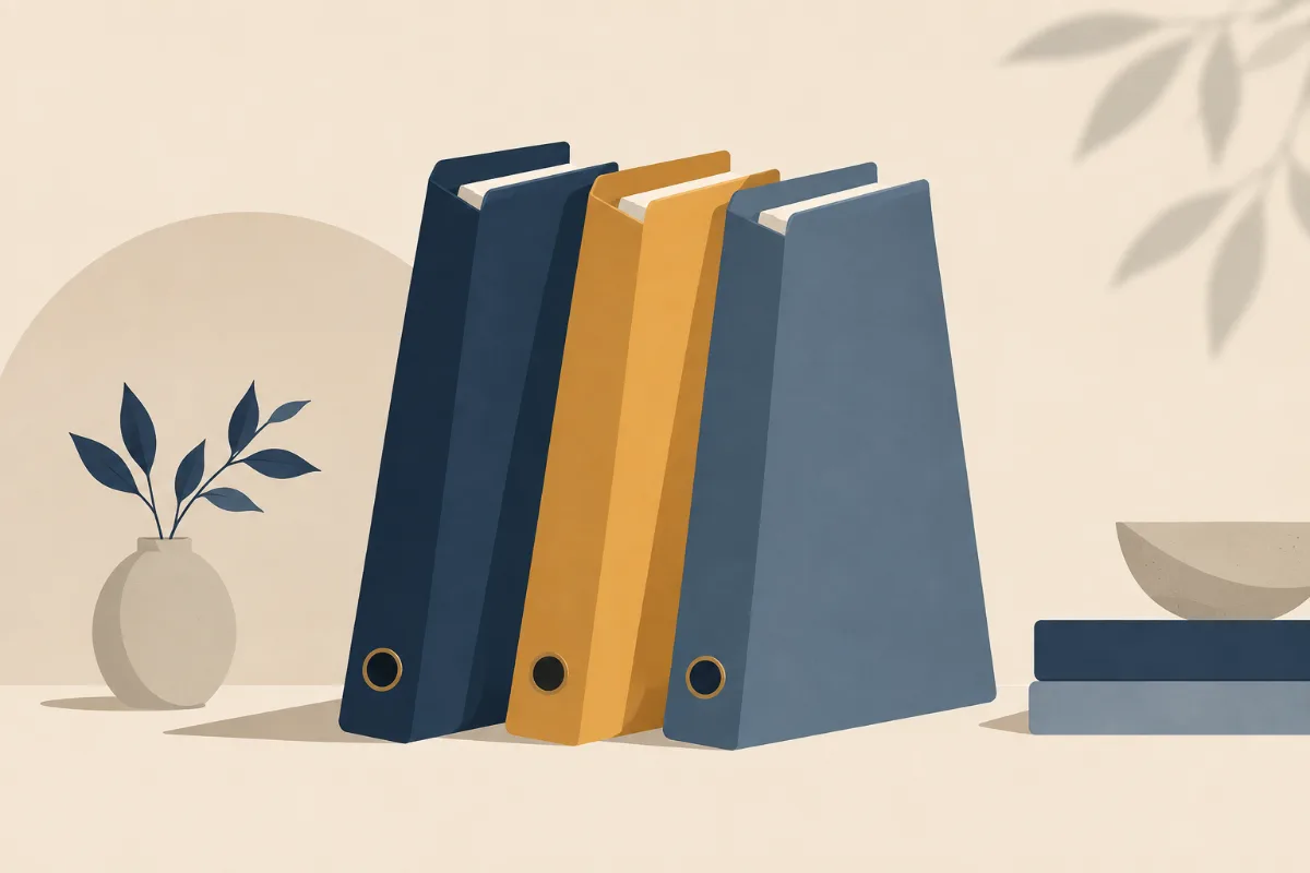 Three upright filing folders leaning in a neat row, the middle one stepped forward