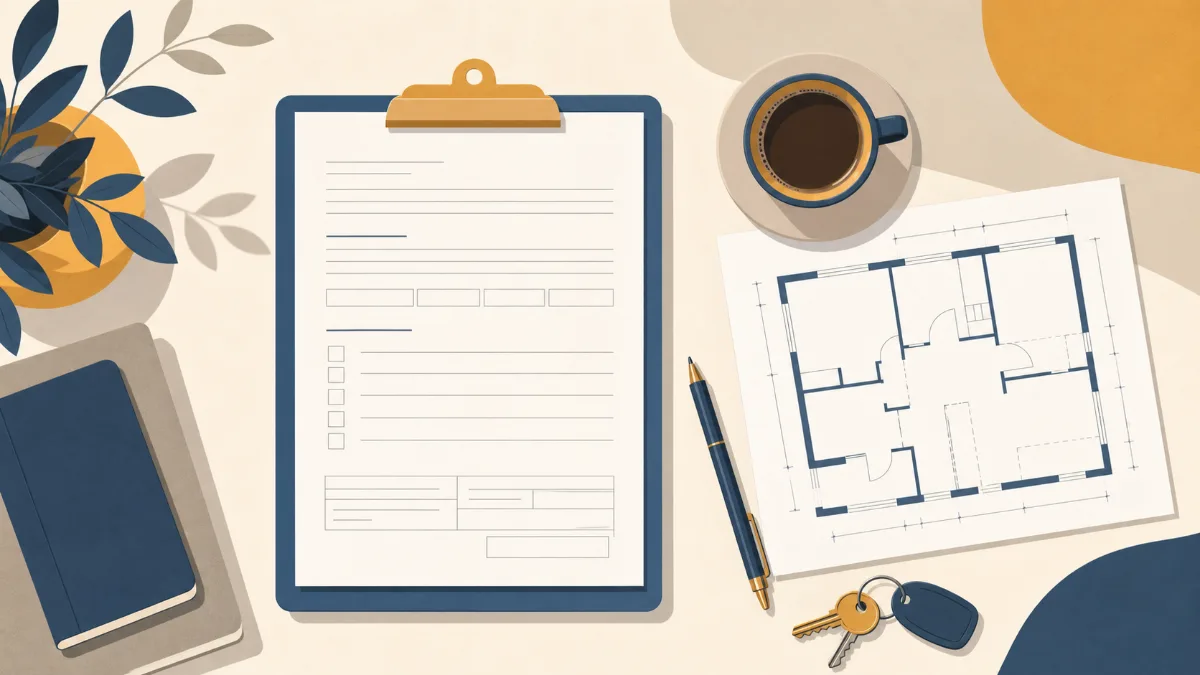 A tidy desk with an application form, a pen and a folder of supporting documents
