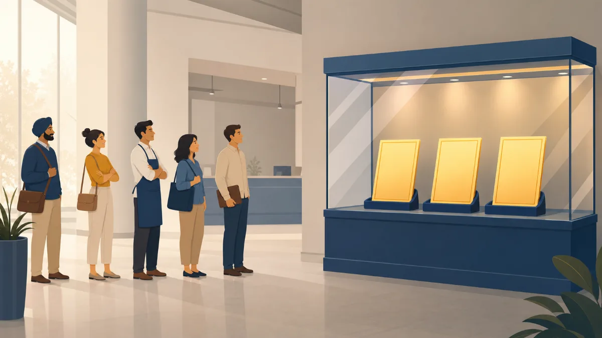 People waiting near a lit display case holding numbered license certificates
