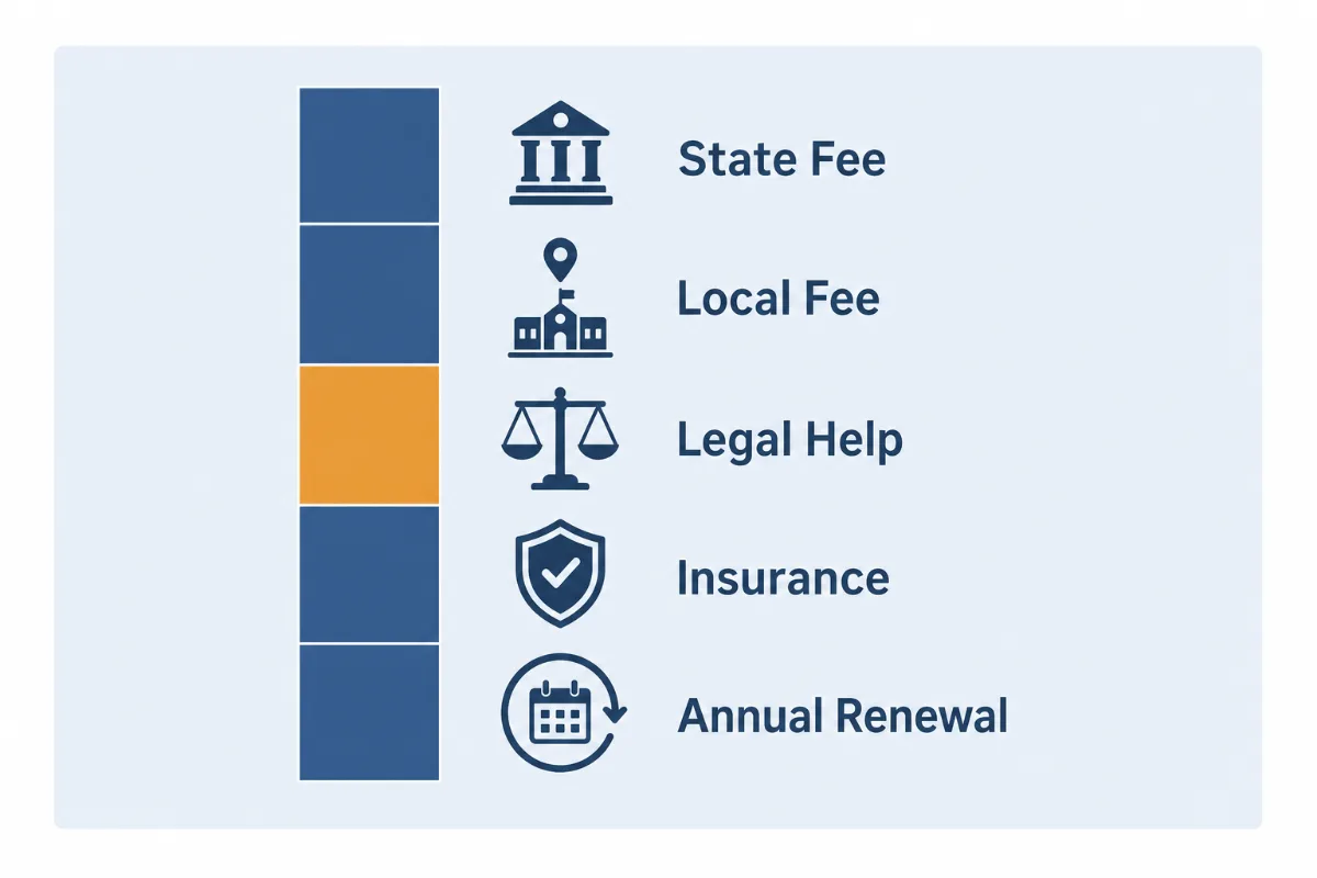 A stacked bar chart of what a liquor license costs, layered into state fee, local fee, legal help, insurance and annual renewal