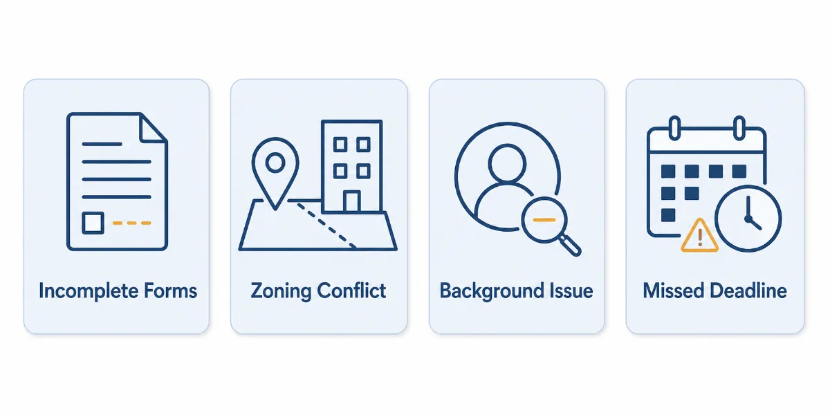 Four warning cards showing common reasons a liquor license application gets denied: incomplete forms, a zoning conflict, a background issue and a missed deadline
