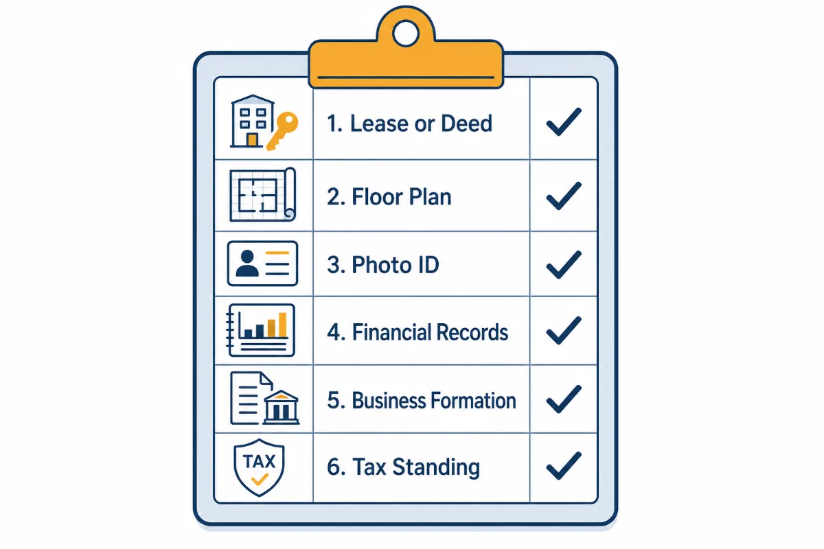 A clipboard checklist of documents for a liquor license application: lease or deed, floor plan, photo ID, financial records, business formation and tax standing
