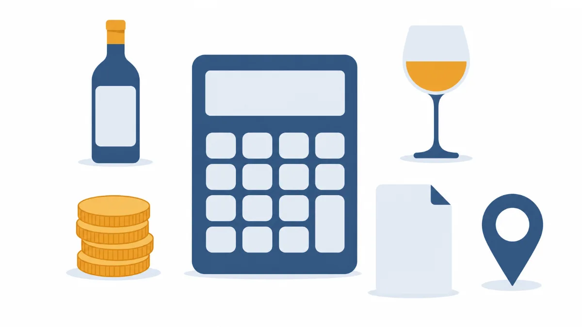 A flat illustration of a calculator surrounded by a bottle, a wine glass, a stack of coins, a document and a location pin