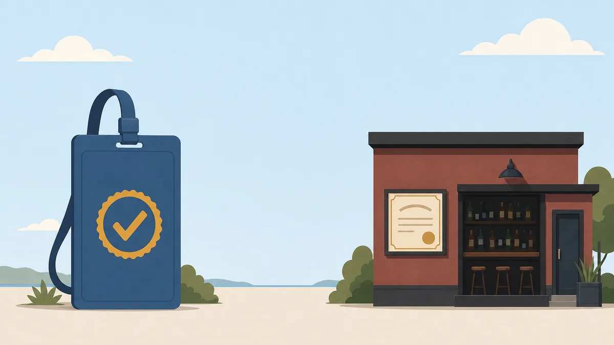 Editorial illustration of a large permit card on a lanyard standing beside a small bar storefront that carries its own framed certificate, representing the personal permit and the business license as two separate credentials