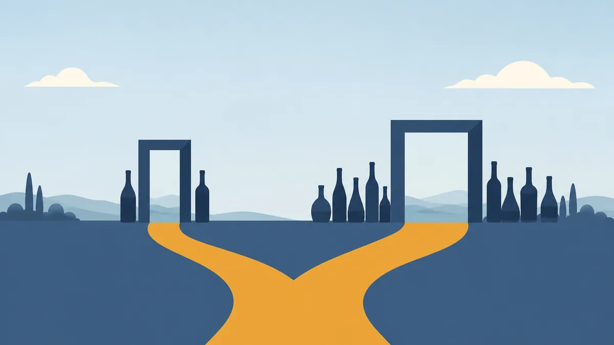 Editorial illustration of one path forking toward two gateways of different sizes, a few bottles beside the smaller gateway and a longer row of bottles beside the larger one, representing a beer and wine class set against a full spirits class