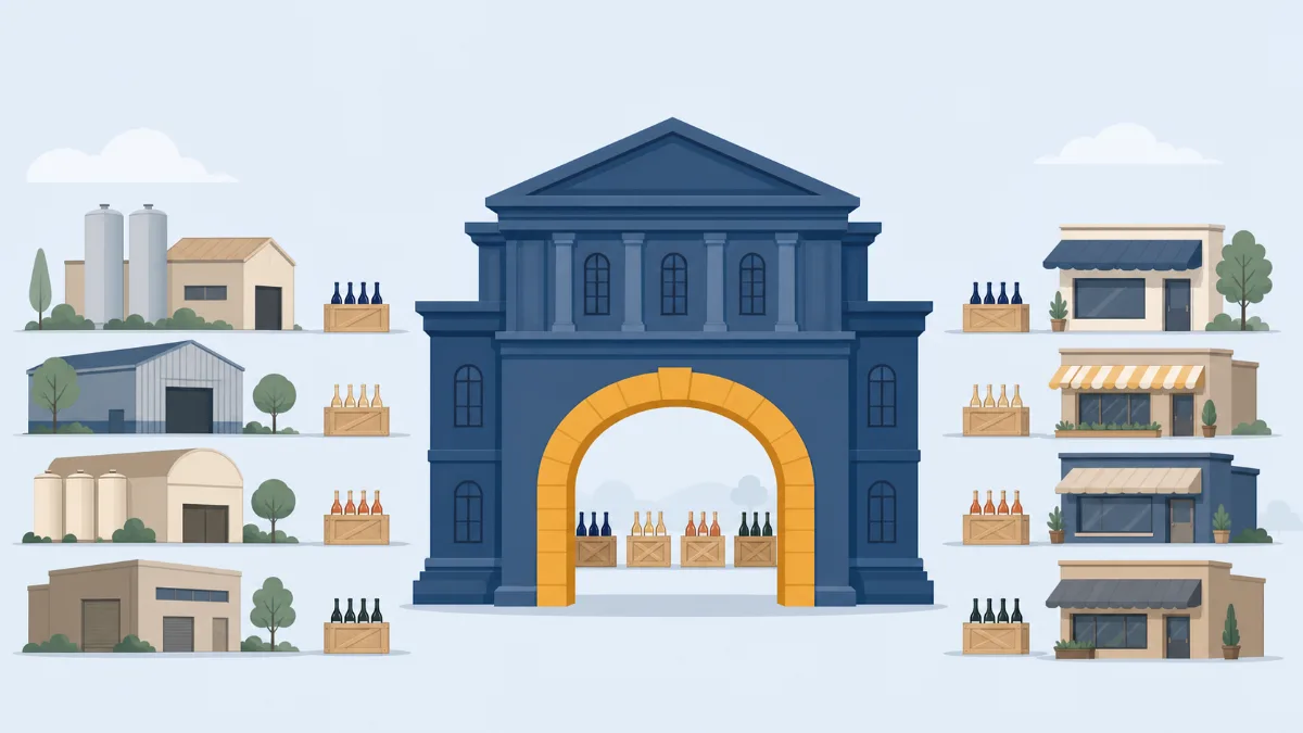 Editorial illustration of a single gateway building that crates of bottles pass through from suppliers to storefronts, representing how a control state runs part of the alcohol trade itself