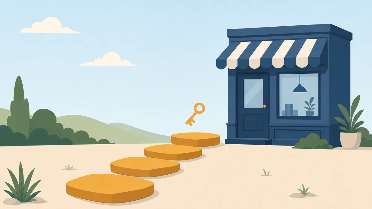 Editorial illustration of four stepping stones rising toward a small shopfront with a striped awning, with a key resting above the last stone, representing the ordered license steps that lead to opening a package store