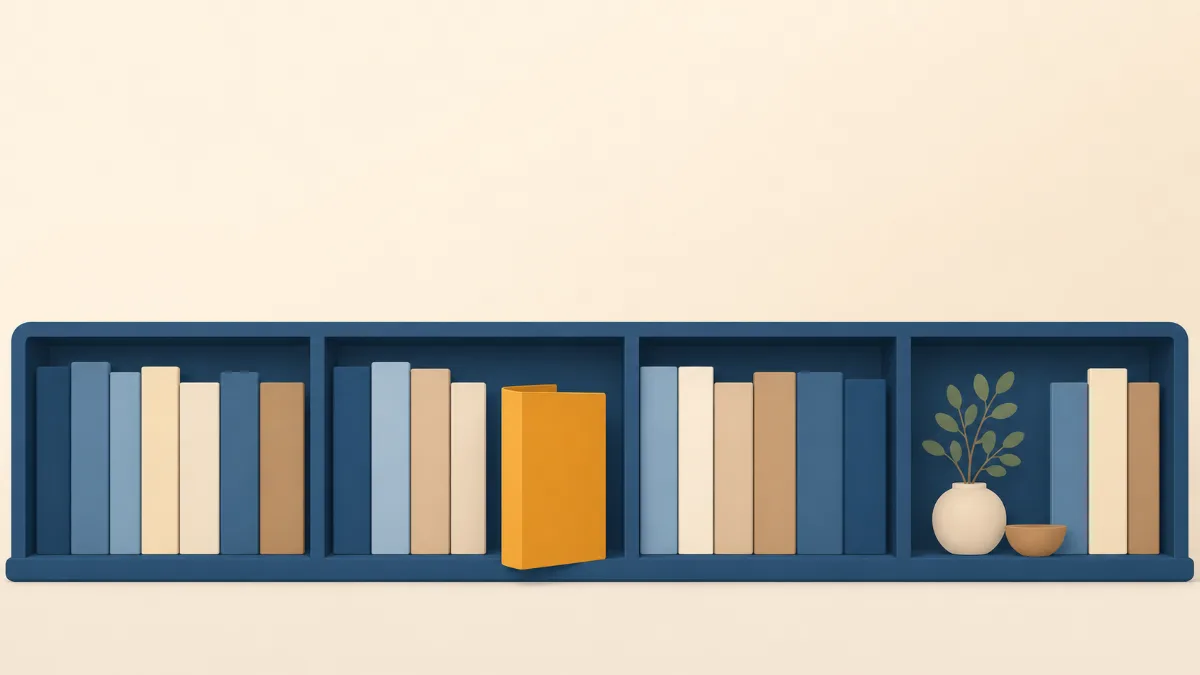 Editorial illustration of an open reference shelf holding upright guide volumes, with one volume pulled forward