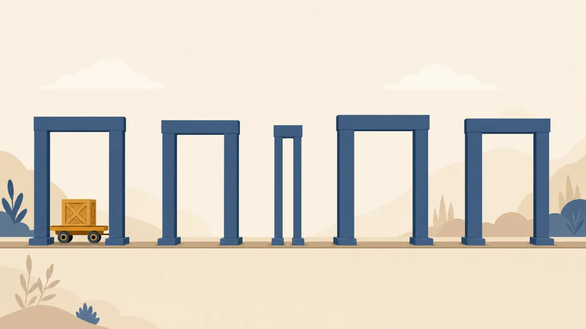 Editorial illustration of five gateways of different widths with a small cart traveling the path between them, representing the five factors that decide how involved getting a license is