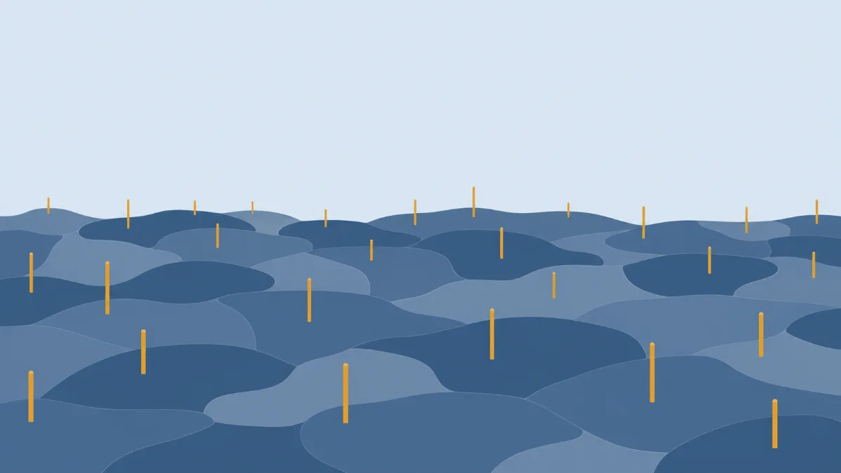 Editorial illustration of rolling land parcels each carrying a marker post of a different height, representing how liquor license fees vary from state to state