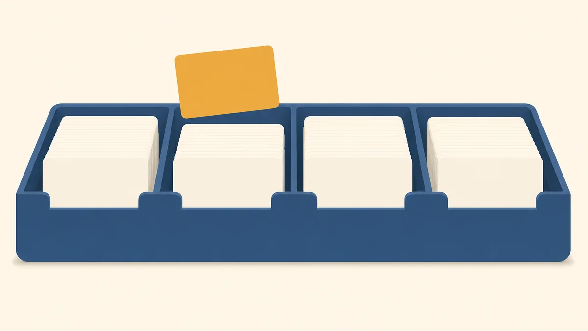 Editorial illustration of a wide sorting tray divided into four compartments, each holding a stack of plain licence cards, with one card lifted above the second compartment