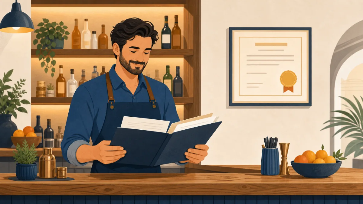 A small business owner standing behind a wooden bar counter reviewing an open folder of paperwork, with a framed license certificate on the wall behind