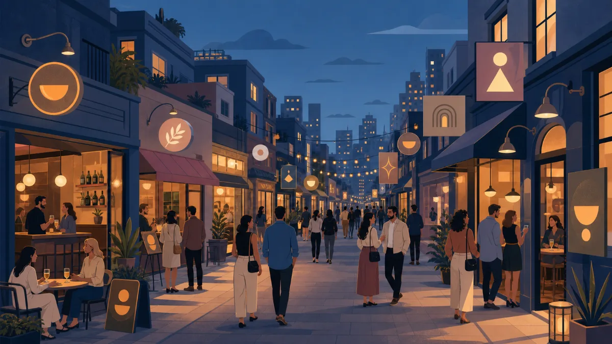 An evening city street lined with small bars and restaurants with glowing signs, people strolling along the sidewalk