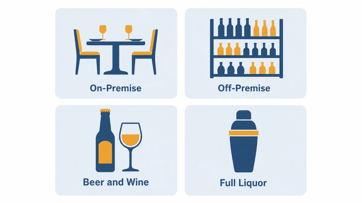 A grid of four liquor license icons: on-premise service, off-premise sales, a beer and wine class and a full liquor class