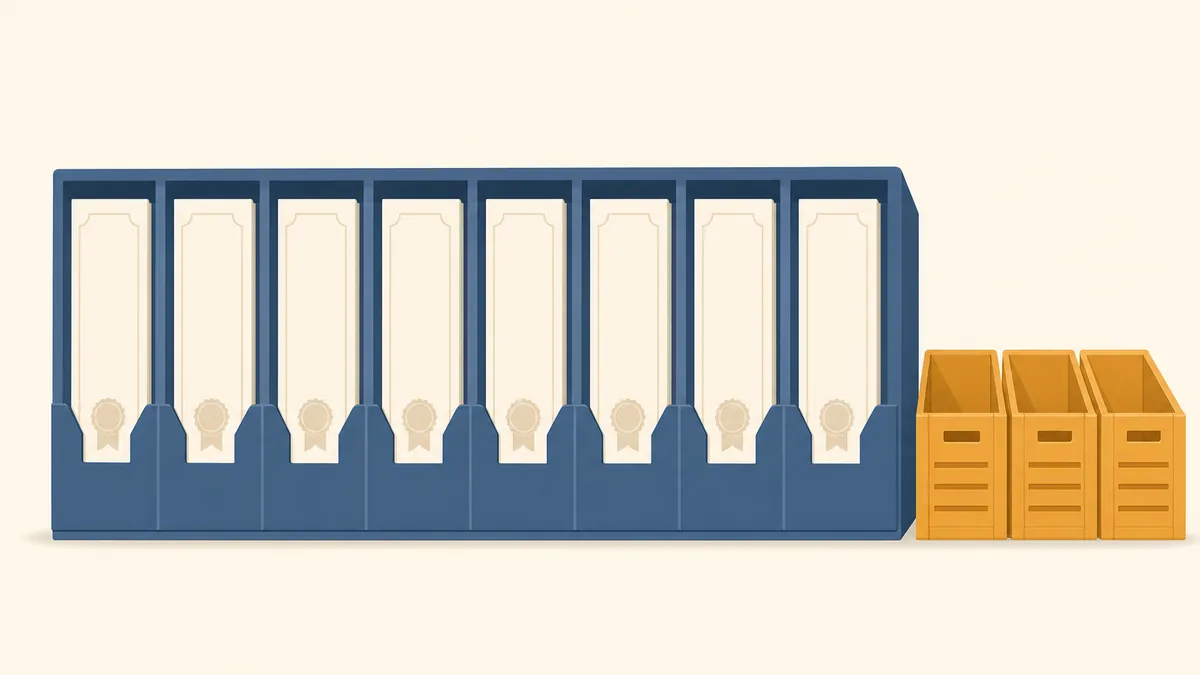 Illustration of a rack of license slots with every slot already filled by a certificate while three crates wait on the ground beside it with no slot left for them