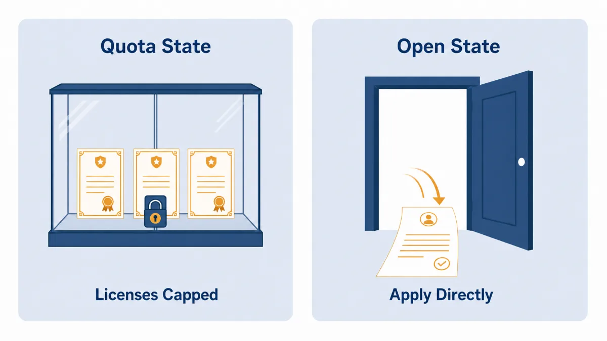 Side by side comparison of a quota state and an open state for liquor licenses: a locked case of capped licenses on one side and an open doorway for a direct application on the other