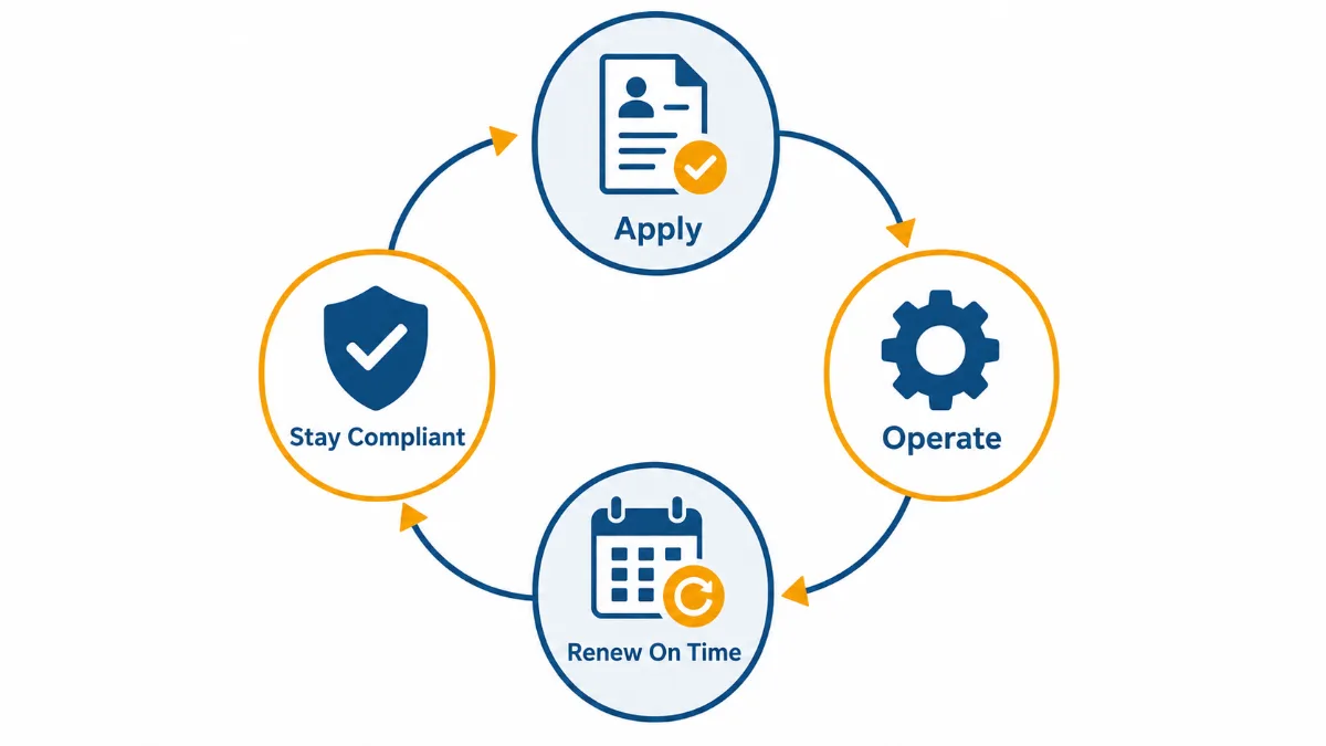A circular diagram of the liquor license renewal cycle: apply, operate, renew on time and stay compliant